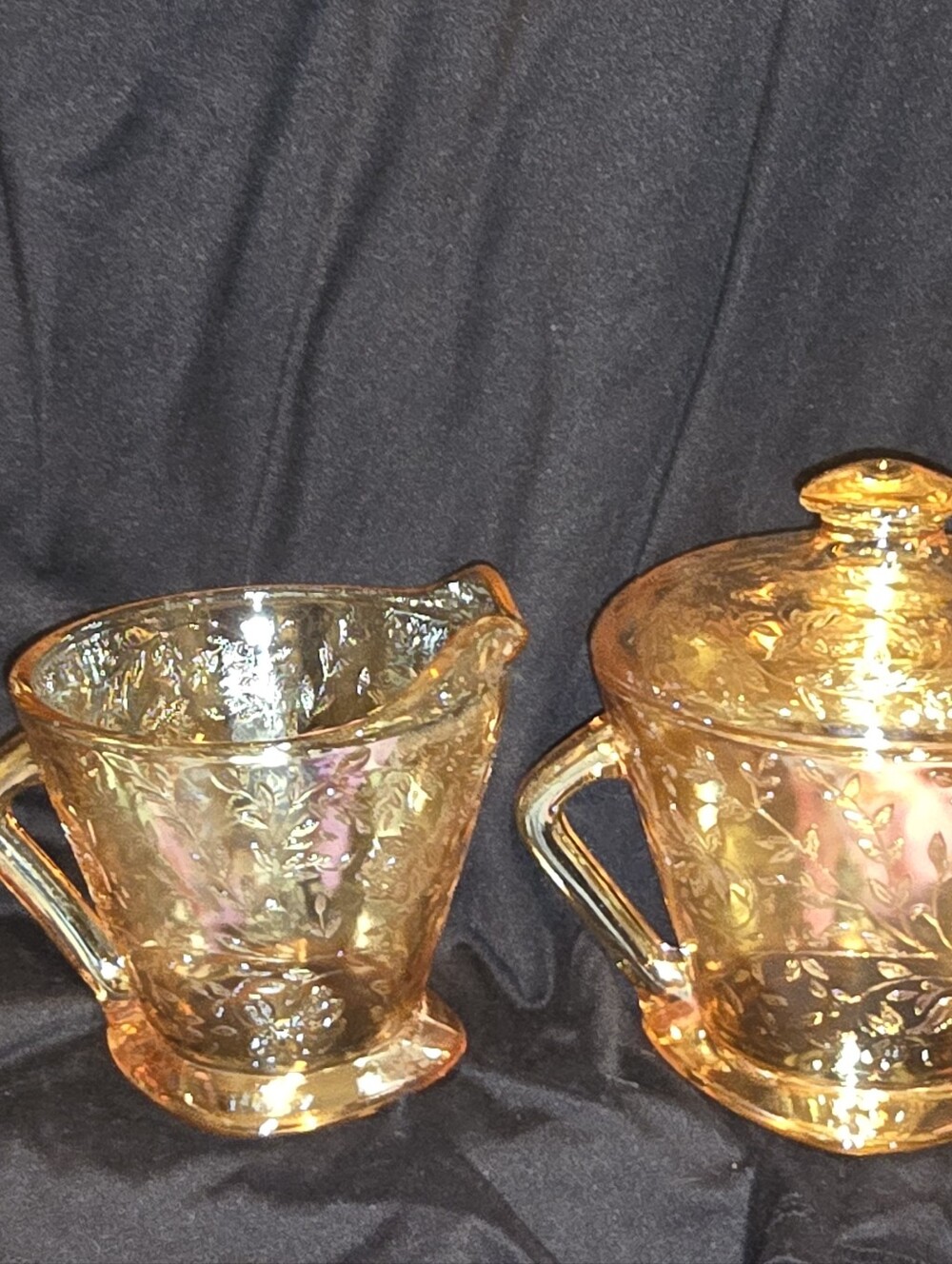 Vintage Jeanette Glass Iridescent Floragold Louisa Sugar & Creamer Set.
